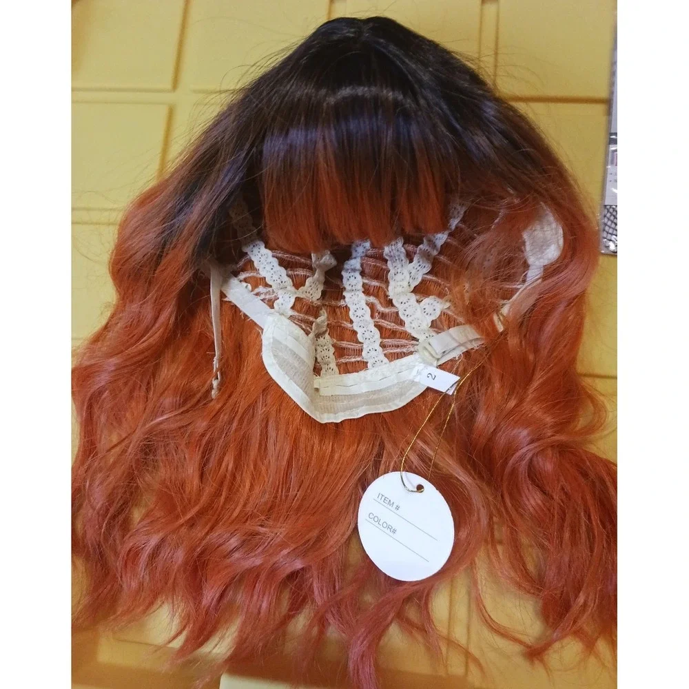 NEW Short Curly Black to Orange Ombre Synthetic Wig with Bangs & Wig Cap